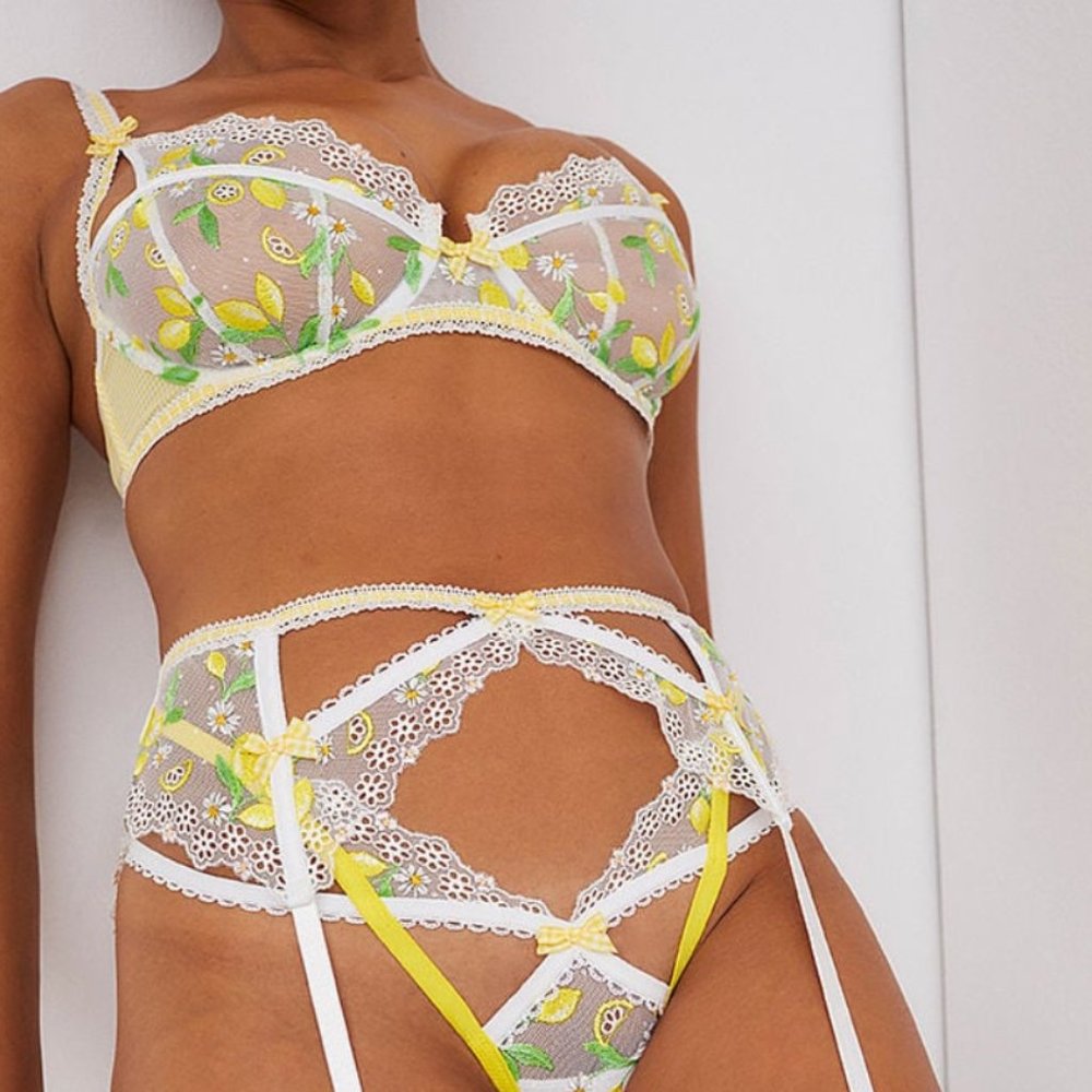 2 PIECE FOR LOVE & LEMONS Lemon Daisy Embroidered Bra Garter Belt set